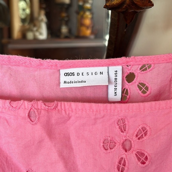 ASOS Bubblegum Pink Eyelet Puff Sleeve Top Ruffle Barbiecore 100% Cotton - Picture 5 of 14